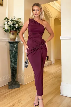AX PARIS PLUM ONE SHOULDER KNOT SKIRT MIDI DRESS