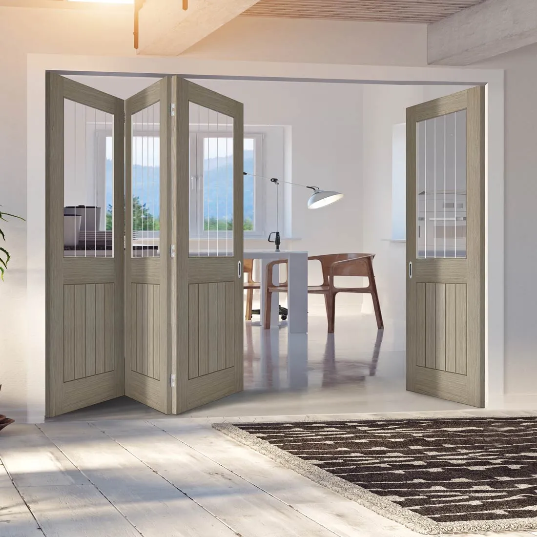 Four Folding Doors & Frame Kit - Belize Light Grey 3 1  - Clear Glass Frosted Lines - Prefinished