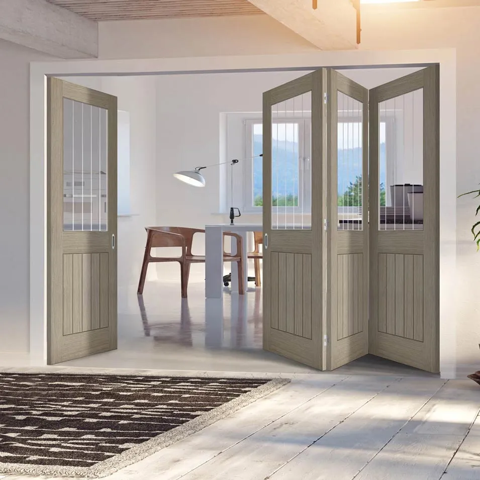 Four Folding Doors & Frame Kit - Belize Light Grey 3 1  - Clear Glass Frosted Lines - Prefinished