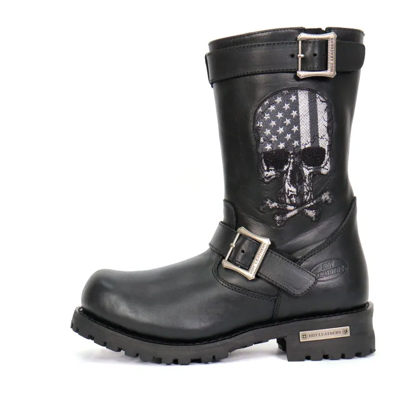 Hot Leathers BTM1018 Mens Black Tall Harness Flag Skull Boot with Round Toe