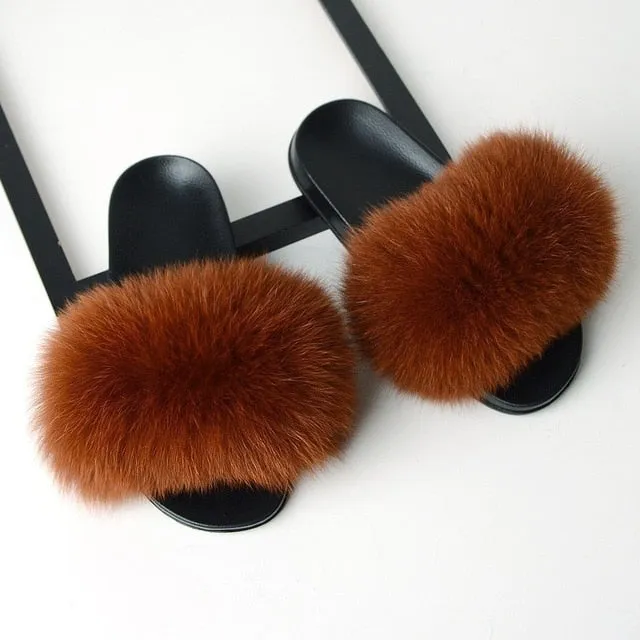Real Fox Fur Slides Home Furry Slippers