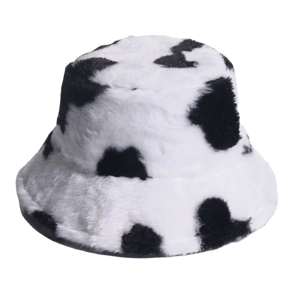 Unisex Rabbit Hair Warm Plush Cow Pattern Outdoor Casual All-match Bucket Hat