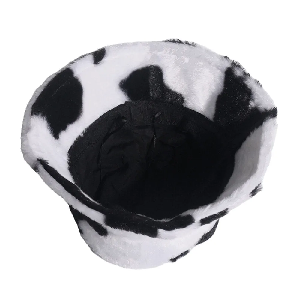 Unisex Rabbit Hair Warm Plush Cow Pattern Outdoor Casual All-match Bucket Hat