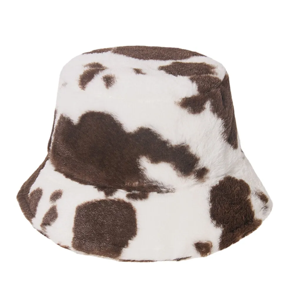 Unisex Rabbit Hair Warm Plush Cow Pattern Outdoor Casual All-match Bucket Hat