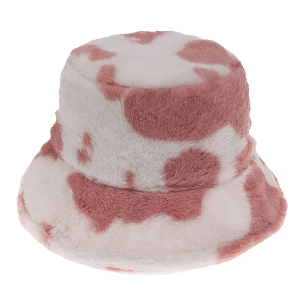 Unisex Rabbit Hair Warm Plush Cow Pattern Outdoor Casual All-match Bucket Hat