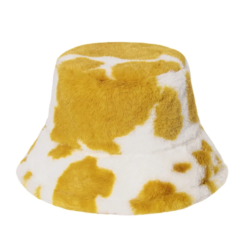 Unisex Rabbit Hair Warm Plush Cow Pattern Outdoor Casual All-match Bucket Hat