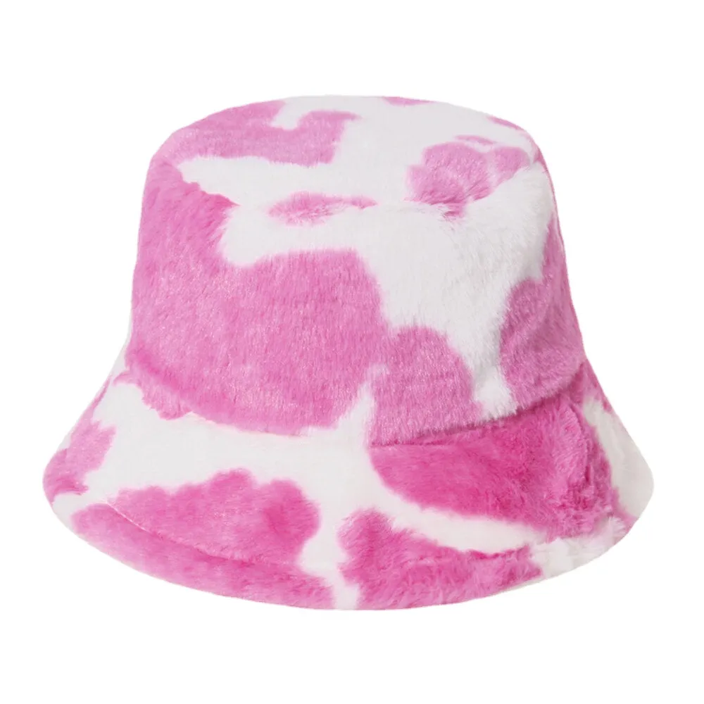 Unisex Rabbit Hair Warm Plush Cow Pattern Outdoor Casual All-match Bucket Hat