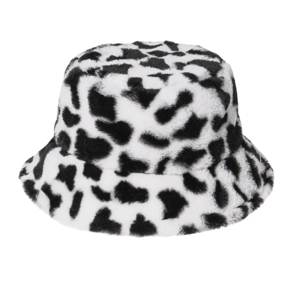 Unisex Rabbit Hair Warm Plush Cow Pattern Outdoor Casual All-match Bucket Hat
