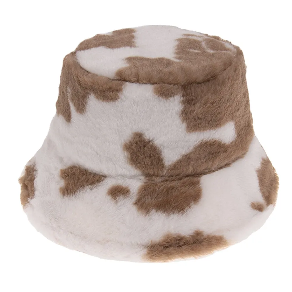 Unisex Rabbit Hair Warm Plush Cow Pattern Outdoor Casual All-match Bucket Hat