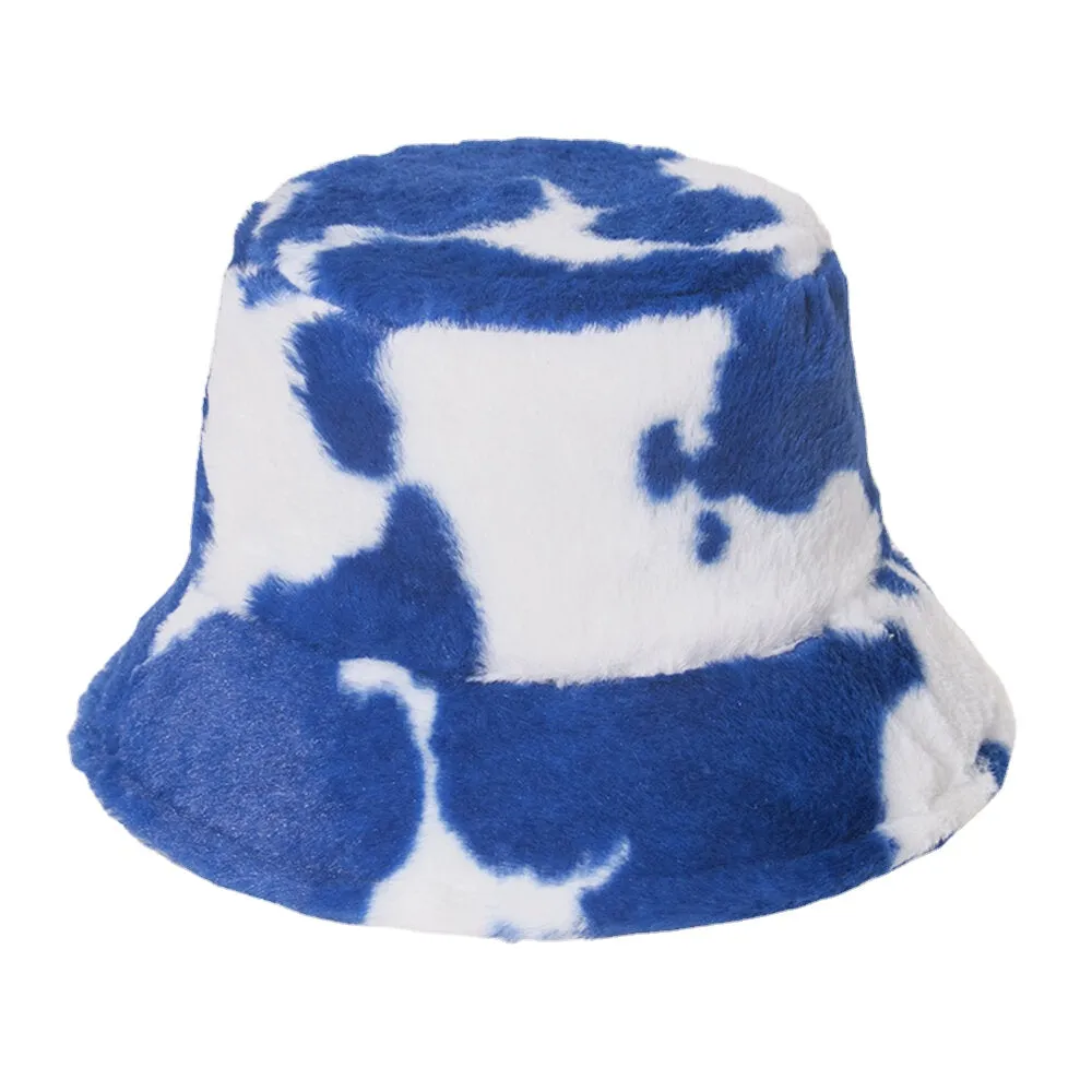 Unisex Rabbit Hair Warm Plush Cow Pattern Outdoor Casual All-match Bucket Hat