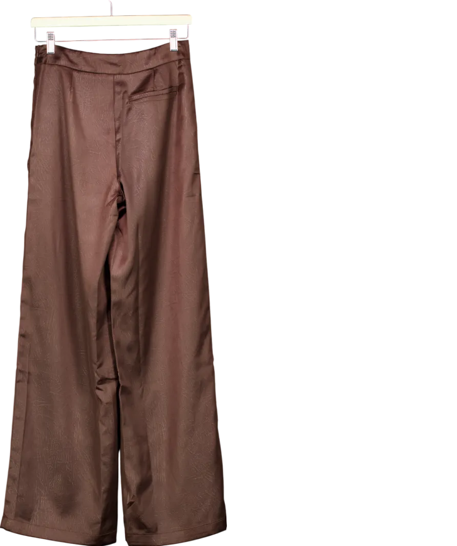 Warehouse Brown Crackled Satin High Waisted Wide Leg Trousers UK 8
